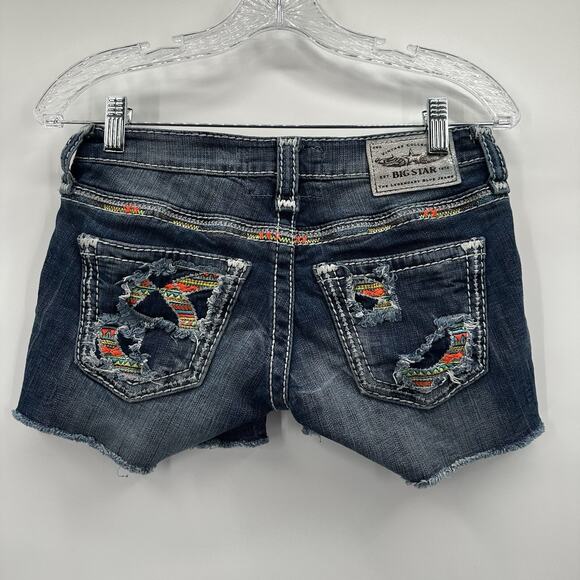 Big Star Shorts Womens 24 Blue Denim Jean MulticolorNeon Embroidered Distressed - Picture 1 of 14